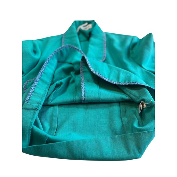 Vintage 90s Leslie Faye Top Blazer Short‎ Sleeve Teal Button Up Collar Spring 12 - Picture 13 of 16